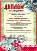 Диплом руководителя в международном творческом конкурсе "Зимний меридиан" за подготовку победителя (1 место) в номинации: Декоративно -прикладное творчество, название работы "Совушка-сова, большая голова", 2018г.